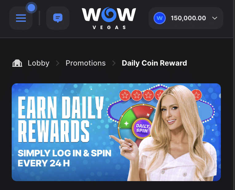 Daily Rewards promotion at WOW Vegas social casino